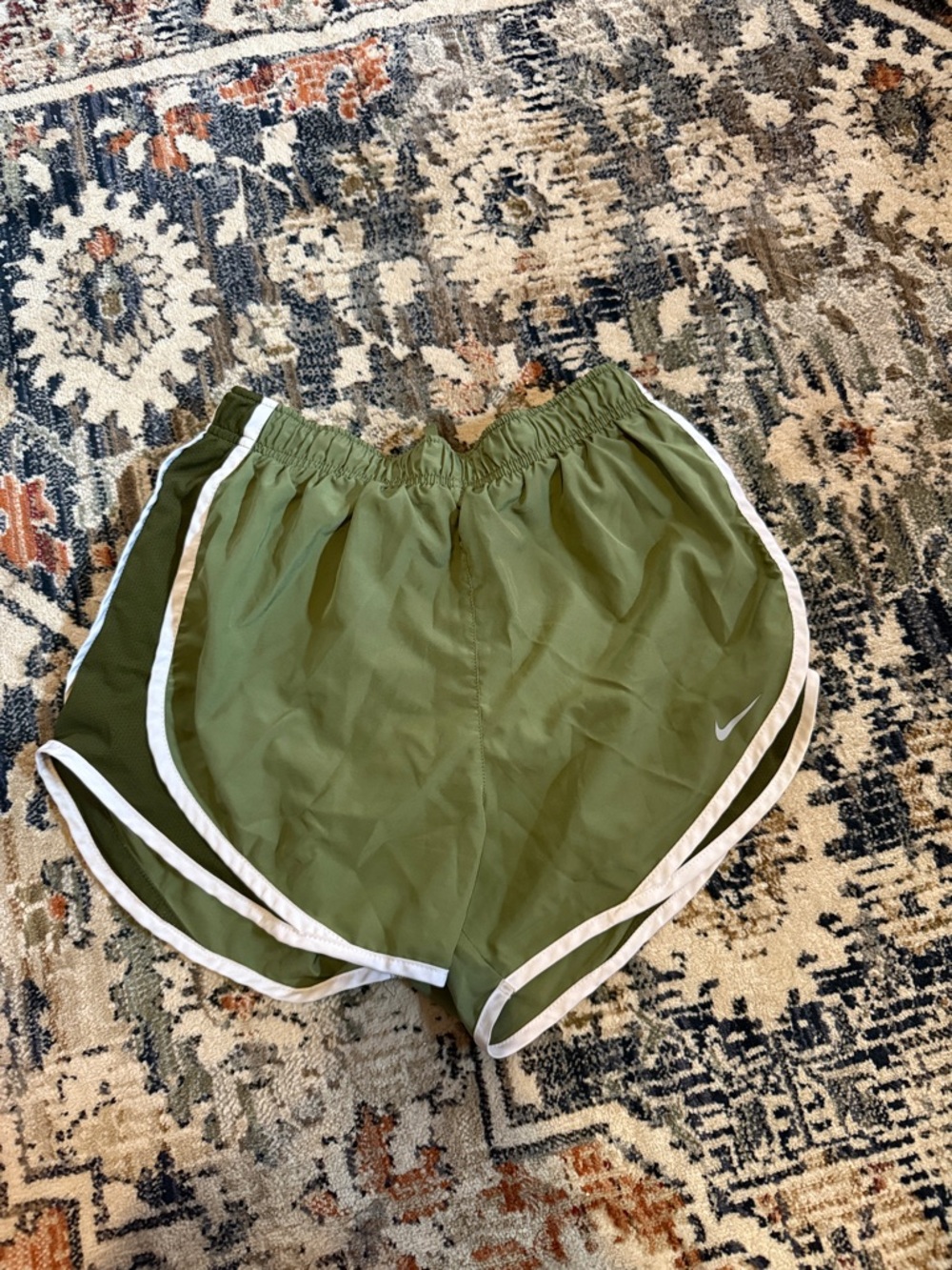 Nike Olive Green Athletic Running Shorts with White Trim